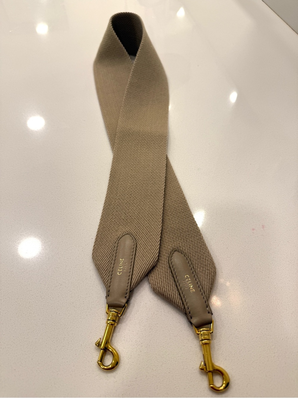 Celine Beige Canvas & Leather Bag Guitar Purse Strap with Gold Hardware